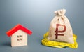 House and a russian ruble money bag. Calculation of expenses for purchase, construction and repair. Mortgage loan. Property