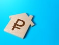 House with a russian ruble symbol. Cost estimate. Search for options, choice of residential buildings. Property price valuation