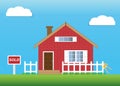 Vector of SOLD red brick house. Gable roof. Real estate.