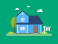 House for sale. Home and sign in the foreground. Estate agency. Vector flat design illustration Royalty Free Stock Photo