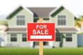 House for sale, red sign in front of blurred modern big building on grass Royalty Free Stock Photo