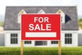 House for sale, red sign in front of blurred modern big building on grass Royalty Free Stock Photo