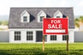 House for sale, red sign in front of blurred modern big building on grass Royalty Free Stock Photo