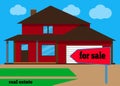 House For sale. The house and sign in the foreground with the information. Vector illustration. Royalty Free Stock Photo