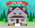 House for sale. Traditional cottage s facade, house selling concept. Vector illustration in flat style. Royalty Free Stock Photo