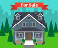 House for sale. Traditional cottage s facade, house selling concept. Vector illustration in flat style. Royalty Free Stock Photo