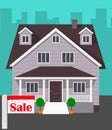 House for sale. Traditional cottage s facade, house selling concept. Vector illustration in flat style. Royalty Free Stock Photo