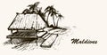 House by the sea on the beach Maldives.Hand drawn sketch Maldives illustration Royalty Free Stock Photo