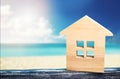 House on the sea, resort real estate, sandy beach, vacation, warm countries, hot tours, sea and ocean coast, place for text, Royalty Free Stock Photo