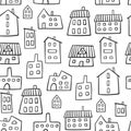 House seamless pattern. Outline fun colorful houses