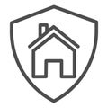 House in secure shield line icon, self isolation concept, home protection sign on white background, building in safety