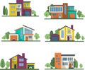 Set private houses in flat design style. Colorful residential houses and trees. Royalty Free Stock Photo