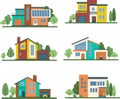 Set private houses in flat design style. Colorful residential houses and trees. Royalty Free Stock Photo