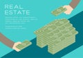 House shape from banknote 3D isometric pattern, Real estate business investment concept poster and social banner post design Royalty Free Stock Photo
