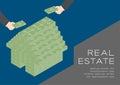 House shape from banknote 3D isometric pattern, Real estate business investment concept poster and social banner post horizontal Royalty Free Stock Photo