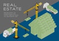 House shape from banknote 3D isometric pattern, Real estate construction business investment concept poster and social banner post Royalty Free Stock Photo