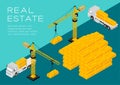 House shape, Bullion gold bar 3D isometric pattern, Real estate construction business investment concept poster and social banner Royalty Free Stock Photo