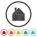 House shape four puzzle pieces icon. Set icons in color circle buttons Royalty Free Stock Photo
