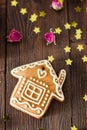 House shape ginger cookie with white glaze on brown wooden background. Golden star decoration and dry roses Royalty Free Stock Photo