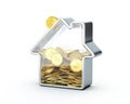 House shape piggy bank with dollar coins. Money box, saving money, buying a house, mortgage concept Royalty Free Stock Photo