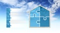 House shape and puzzle symbols, isolated on sky background, infographic for green buildings, save energy eco sustainability Royalty Free Stock Photo