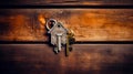 House shaped key hangs on wooden door with keychain. Generative AI Royalty Free Stock Photo