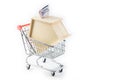 House shaped money box into a shopping cart Royalty Free Stock Photo