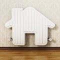 House shaped radiator hanging on the wall. 3D illustration