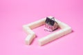 House-shaped tea strainer on a pink background. Tea strainer with sugar cubes. Refined sugar. Small house. Brewing tea.