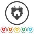 House shield icons in color circle buttons