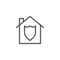 House with shield inside line icon