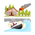 House and Ship Suffering from Destructive Weather Condition and Natural Cataclysm with Thunderstorm and Meteorite Vector