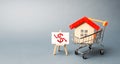 House in the shopping cart and easel with a dollar sign down arrow. The fall of the real estate market. concept of value or cost Royalty Free Stock Photo