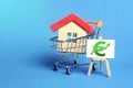 House in shopping cart and easel with green euro arrow up trend. Market growth, attracting investment. Raising taxes and house