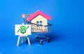 A house in a shopping cart and an easel with a green up arrow chart. Market growth, attracting investment. Raising taxes and house Royalty Free Stock Photo