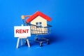 A house in a shopping cart and an easel with a word Rent. Rental housing and apartments, choice between buying and renting Royalty Free Stock Photo