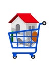 House in shopping cart for icon isolated on white, home in basket cart for sale or house buy symbol web shop, trolley and house