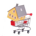 House in shopping cart isolated. Mortgage concept