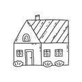 House with shrubs growing nearby. Vector doodle