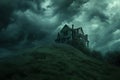 A house sits atop a hill as clouds cover the sky in this photo, Haunted house on top of a hill under a stormy sky, AI Generated Royalty Free Stock Photo