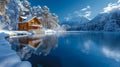 A house is sitting on the shore of a lake in winter Royalty Free Stock Photo