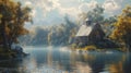 a house is sitting on a small island in the middle of a lake surrounded by trees Royalty Free Stock Photo