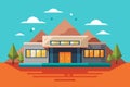 A house situated in front of a majestic mountain backdrop, Upload Customizable Semi Flat Illustration Royalty Free Stock Photo