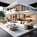 house sketch 3D design - a 3D rendering of a house with a living room and kitchen, a 3D model of a home with stylish architecture Royalty Free Stock Photo
