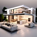 house sketch 3D design - a 3D rendering of a house with a living room and kitchen, a 3D model of a home with stylish architecture Royalty Free Stock Photo