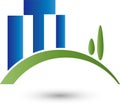 House, skyscraper and trees, real estate and real estate agent logo, Icon