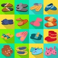 House slipper flat vector set icon. Isolated flat icon slipper and shoes.Vector illustration summer and spa shoe. Royalty Free Stock Photo