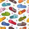 House slippers seamless pattern. Colored cozy shoes. Comfortable footwear. Warm soft flip flops. Funny animal muzzles Royalty Free Stock Photo