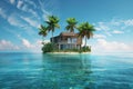 House on a small island with palm trees in the middle of the sea. Generative AI Royalty Free Stock Photo