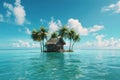 House on a small island with palm trees in the middle of the sea. Generative AI Royalty Free Stock Photo